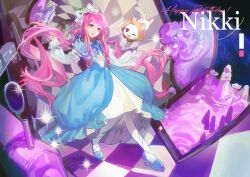  1girl absurdres animal blue_bow blue_bowtie blue_dress blue_ribbon blue_shoes bow bowtie brown_eyes cat character_name choker cloak clothed_animal dayouyudareshui detached_sleeves dress ear_covers english_text eyelashes floating flower frilled_choker frilled_dress frilled_sleeves frills full_body hair_bow hair_flower hair_ornament hair_ribbon happy happy_birthday highres hood hood_up hooded_cloak infinity_nikki large_bow layered_dress long_hair long_sidelocks long_sleeves looking_at_viewer low_twintails medium_dress momo_(nikki) multiple_hair_bows nikki_(nikki) nikki_(series) one_eye_closed open_mouth pantyhose pawpads pink_hair platform_shoes puffy_long_sleeves puffy_sleeves ribbon shadow shoes sidelocks sleeveless sleeveless_dress sleeves_past_wrists smile sparkle statue swept_bangs train tree tress_ribbon twintails v-shaped_eyebrows very_long_hair walking wavy_hair whiskers white_bow white_cat white_choker white_dress white_flower white_pantyhose white_sleeves yellow_cloak 