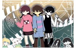  ! 1other 2boys 3girls :d ? animal antenna_hair aqua_background asriel_dreemurr bare_arms bare_shoulders big_yellow_cat_(omori) black_eyes black_hair black_shorts black_tank_top black_thighhighs blonde_hair blue_eyes blue_shirt blue_shorts blunt_bangs border bright_pupils brother_and_sister brown_background brown_eyes brown_pantyhose brown_skirt brown_socks cat chromatic_aberration closed_eyes closed_mouth colored_skin commentary crossover double-parted_bangs empty_eyes expressionless facing_viewer feet_out_of_frame flower frisk_(undertale) furry furry_male goat_boy gradient_background grand_piano green_shirt green_sweater hair_behind_ear hair_between_eyes hand_up hands_on_own_chin hapr_(noneprice) heart heart_hands high_ponytail holding holding_knife inset_border instrument jitome kneehighs knife long_hair long_sleeves looking_at_another looking_at_viewer madotsuki mari_(omori) mari_(spirit)_(omori) miniskirt multiple_boys multiple_girls no_nose no_pupils omori omori_(omori) open_mouth outline own_hands_together pale_skin pantyhose piano piano_keys pink_shirt pink_sweater pleated_skirt poniko ponytail puffy_long_sleeves puffy_sleeves reaching reaching_towards_viewer reverse_grip shirt short_hair short_sleeves shorts siblings simple_background skirt smile socks something_(omori) sparkle standing striped_clothes striped_shirt striped_shorts striped_sweater sweater symbol-only_commentary tank_top thigh-highs trait_connection turtleneck turtleneck_sweater two-tone_shirt two-tone_shorts two-tone_sweater undertale upper_body utdr_(toby_fox) vertical-striped_clothes vertical-striped_shorts very_short_hair weapon_connection white_border white_eyes white_fur white_outline white_pupils white_shirt white_shorts white_skin yellow_sweater yume_nikki 