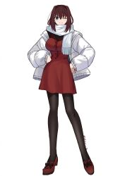  1girl aozaki_aoko black_pantyhose blue_eyes breasts brown_hair coat dress highres large_breasts mahou_tsukai_no_yoru medium_hair one_eye_closed open_clothes open_coat pantyhose red_dress red_shoes shintyoi2 shoes smile solo twitter_username white_coat 