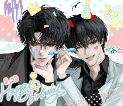  2boys ;d aegyo_sal auauko123 averting_eyes black_coat black_shirt coat collared_shirt commentary crown curtained_hair demon_horns drawing_(action) english_commentary grin hand_on_another's_chin happy_birthday hat horns kim_dokja male_focus multiple_boys narrowed_eyes notice_lines omniscient_reader's_viewpoint one_eye_closed open_clothes open_coat party_hat popped_collar shirt smile upper_body white_coat yoo_joonghyuk 
