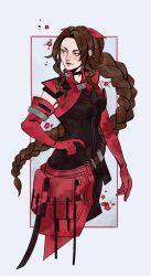  1girl absurdres aerith_gainsborough aerith_gainsborough_(rosy_battle_suit) black_bodysuit black_choker bodysuit braid braided_ponytail breasts brown_hair cape choker closed_mouth cowboy_shot cropped_vest detached_sleeves elbow_gloves final_fantasy final_fantasy_vii final_fantasy_vii:_ever_crisis flower gloves green_eyes grey_background hair_ribbon highres light_blush long_hair medium_breasts official_alternate_costume parted_bangs red_cape red_flower red_gloves red_ribbon ribbon robasarel sidelocks single_braid solo vest waist_cape 