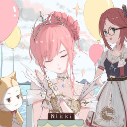  2girls :3 ahoge animal armor badge balloon belt birthday_cake black-framed_eyewear black_belt black_vest bow bowtie breastplate brown_eyes cake cat chair character_name chinese_commentary cloak closed_eyes closed_mouth clothed_animal clouds collar collarbone commentary_request cowboy_shot crossed_arms day detached_collar dot_nose dress ear_covers eyelashes fingernails food freckles frilled_arm_warmers frilled_dress frills glasses gold_tiara green_eyes hair_bun hair_ornament hair_rings highres hood hood_up hooded_cloak infinity_nikki lace_collar lipstick looking_at_another makeup medium_dress melody_bloom_(infinity_nikki) momo_(nikki) mountainous_horizon multiple_girls nikki_(nikki) nikki_(series) nonoy_(infinity_nikki) ocean off-shoulder_dress off_shoulder on_chair open_mouth origami outdoors own_hands_together paper paper_crane pink_hair pink_lips print_dress puffy_short_sleeves puffy_sleeves railing red_bow red_bowtie red_hair round_eyewear sailor_collar short_hair_with_long_locks short_sleeves sidelocks single_hair_ring single_side_bun sitting sky smile so_ni_ni sparkle standing updo upper_body vest wavy_hair whiskers white_arm_warmers white_cat white_collar white_dress white_sailor_collar white_sky yellow_cloak 