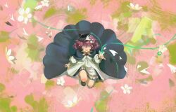  1girl :d arm_up bird_hair_ornament black_cape black_hat blue_eyes bow bowtie brown_hair brown_shoes cape coat dress flower flutterpage flutterpage_(gently_comes_the_thawing_breeze) from_above full_body hair_flower hair_ornament hat highres lily_of_the_valley looking_at_viewer official_alternate_costume on_one_knee open_mouth pink_background reverse:1999 shoes short_dress short_twintails smile solo twintails white_bow white_bowtie white_coat white_dress white_flower yongwu_leyuan 