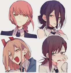  4girls black_choker black_jacket black_necktie black_ribbon blonde_hair blue_coat blush braid breasts brown_eyes brown_hair chainsaw_man choker closed_mouth coat collared_shirt cropped_torso cross-shaped_pupils demon_girl furrowed_brow green_eyes hair_between_eyes hair_bun hair_ornament hairclip head_on_hand higashiyama_kobeni highres horns jacket long_hair low_ponytail makima_(chainsaw_man) medium_breasts medium_hair multiple_girls natsuneco_02 neck_ribbon necktie open_mouth parted_lips ponytail portrait power_(chainsaw_man) purple_hair red_hair red_horns reze_(chainsaw_man) ribbon ringed_eyes sharp_teeth shirt sidelocks single_braid single_sidelock sleeveless sleeveless_shirt sweatdrop symbol-shaped_pupils teeth updo upper_body white_shirt yellow_eyes 