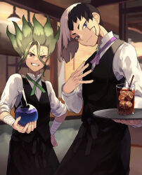  2boys absurdres apron asagiri_gen bandaged_arm bandages bartender black_apron black_hair black_vest blue_eyes ceiling_light closed_mouth cracked_skin cup dr._stone drink drinking_glass drinking_straw facial_mark glass green_hair green_ribbon grin hair_between_eyes hand_on_own_hip highres holding holding_tray ice ice_cube ichihara_yuuto indoors ishigami_senkuu liquid long_sleeves looking_at_viewer male_focus multicolored_hair multiple_boys neck_ribbon red_eyes ribbon shirt sleeves_rolled_up smile spiky_hair split-color_hair tray two-tone_hair vest violet_eyes waiter white_hair white_shirt 