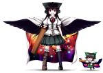  absurdres arm_cannon asymmetrical_clothes asymmetrical_clothing black_hair blush bow cape chibi chipika hair_bow highres long_hair miniature mismatched_footwear open_mouth red_eyes reiuji_utsuho smile solo space third_eye touhou weapon wings 