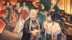  6+boys absurdres aqua_coat black_hair black_pants black_shirt blue_hanfu boots brown_hair bu_ye candy_apple chinese_clothes chinese_commentary choker closed_eyes closed_mouth coat curtained_hair earrings food full_body ginkgo_leaf gold_earrings hair_between_eyes hair_over_shoulder hand_up hanfu highres holding holding_candy_apple holding_food holding_paper hua_yi_shanxin_zhiyue jewelry lantern lantern_on_liquid leaf leaf_ornament light_particles ling_yan_ru long_hair long_sleeves looking_at_another looking_at_object looking_to_the_side looking_up male_focus monocle multicolored_hair multiple_boys neck_tassel night open_clothes open_coat pants pants_tucked_in paper paper_lantern parted_bangs parted_lips profile railing red_coat red_eyes robe shirt sleeves_past_fingers sleeves_past_wrists smile standing streaked_hair sweater_guard talking tassel tiny_(0v0) topknot upper_body very_long_hair water wen_siyu white_boots white_choker white_hair white_hanfu white_robe wide_sleeves wing_print wooden_floor xiao_guan_(headdress) xie_xingyi yan_qianxiao yu_ze yuanlingpao 