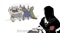  1girl 4boys against_wall animal_head armor ass beard bent_over black_bodice black_gloves blue_surcoat boots cellphone dragon_skull elbow_gloves elden_ring elden_ring_nightreign facial_hair from_behind full_body gloves green_hood grey_hair hat_over_eyes helmet highres jewelry looking_at_another monocle multiple_boys necklace phone quiver scale_armor scholar_(elden_ring) signature smartphone sunnbnn twitter_username undertaker_(elden_ring) white_coif winged_helmet x_x 