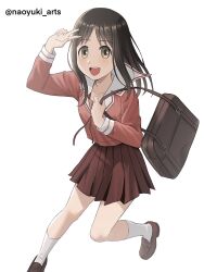  1girl :d artist_name azumanga_daioh azumanga_daioh's_school_uniform bag breasts briefcase brown_bag brown_eyes brown_hair brown_shoes collarbone commentary english_commentary highres holding holding_bag holding_strap kasuga_ayumu long_sleeves looking_at_viewer medium_hair naoyuki_arts neck_ribbon pink_ribbon pink_shirt pink_skirt pleated_skirt ribbon running sailor_collar school_bag school_briefcase school_uniform shirt shoes simple_background skirt small_breasts smile socks teeth twitter_username upper_teeth_only v v_over_eye white_background white_sailor_collar white_socks 