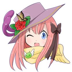  1girl :d arch_bishop_(ragnarok_online) blue_eyes blush bow brooch brown_bow bug butterfly commentary_request flower hair_bow hat hat_flower jewelry long_hair looking_at_viewer oekakipikki one_eye_closed open_mouth pink_hair poporing portrait purple_hat ragnarok_online red_flower red_rose rose scarf simple_background smile solo white_background yellow_butterfly yellow_scarf 