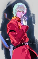  1boy albert_heinrich aoi_0000 belt black_belt bright_pupils coat cyborg cyborg_009 dynamic_pose grey_hair hair_over_face highres looking_at_viewer mechanical_hands military_uniform neon_palette red_coat scarf serious short_hair soldier upper_body white_pupils yellow_scarf 