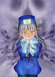  1girl absurdres blue_dress blue_eyes blue_hat blue_pants blunt_bangs dark-skinned_female dark_elf dark_skin dress elf gloves grey_hair half-closed_eye hat highres karla_(kono_healer_mendokusai) kono_healer_mendokusai long_hair looking_at_viewer magic mitre official_art pants pointy_ears solo tannen_ni_hakkou uneven_eyes upper_body white_gloves 