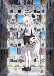  1girl bag black_bag black_neckerchief black_shoes blue_archive character_doll doll ein_(blue_archive) gashapon hair_over_one_eye halo highres kokukyukeo long_hair malkuth_(blue_archive) neckerchief ohr_(blue_archive) one_side_up school_uniform serafuku shirt shoes shoulder_bag skirt sof_(blue_archive) solo symbol-shaped_pupils very_long_hair white_hair white_serafuku white_shirt white_skirt x-shaped_pupils yellow_eyes yellow_halo 