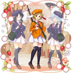  3girls alternate_costume animal_ears bag black_hat black_jacket black_thighhighs blue_hair blush brown_shoes collared_shirt dango danmaku floppy_ears flower food fruit game_cg glasses green_bag hat highres holding jacket loafers long_sleeves looking_at_viewer moon_rabbit_extra_(touhou) multiple_girls necktie official_art open_mouth orange_hat orange_jacket pigeon-toed pleated_skirt rabbit_ears rabbit_tail red_eyes red_necktie reisen_(touhou_bougetsushou) ringo_(touhou) rotte_(1109) shirt shoes short_hair shoulder_bag skirt smile strawberry strawberry_blossoms strawberry_slice tail thigh-highs third-party_source touhou touhou_lostword transparent_background wagashi white_flower white_shirt white_skirt 