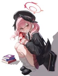  1girl absurdres black_shirt black_shoes black_wings blue_archive blush book feathered_wings from_side hair_between_eyes halo head_wings highres holding holding_book koharu_(blue_archive) lao_wo leg_warmers long_hair looking_at_viewer low_wings neckerchief open_mouth pink_eyes pink_hair pink_neckerchief pink_skirt red_halo sailor_collar shirt shoes sidelocks skirt solo squatting sweatdrop twintails white_leg_warmers white_sailor_collar wings 