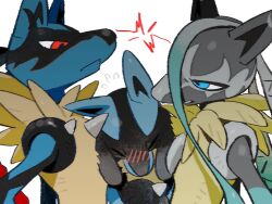  black_fur blue_eyes blue_fur blush grey_fur highres looking_at_another lucario mega_lucario mega_lucario_z nazume4 pokemon pokemon_(creature) red_eyes simple_background spikes upper_body white_background yellow_fur 