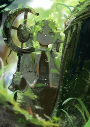  1girl absurdres backlighting blurry blurry_background blurry_foreground commentary_request cowboy_shot depth_of_field dot_nose expressionless frieren grass highres holding holding_staff koukouya leaf mage_staff nature outdoors overgrown solo sousou_no_frieren staff statue 