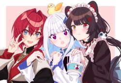  3girls :3 :d :o absurdres ange_katrina ange_katrina_(1st_costume) animal_ears animal_hair_ornament animal_on_head armband bird bird_on_head black_coat blue_armband blue_eyes blue_hair blush border brown_collar brown_hair brown_kimono cardigan closed_mouth coat collar colored_inner_hair commentary_request crossed_bangs dog_ears flower frilled_sleeves frills group_picture hair_between_eyes hair_flower hair_intakes hair_ornament hand_on_another's_shoulder hand_up hands_up heterochromia highres hozumi_ayaka inui_toko inui_toko_(1st_costume) jacket japanese_clothes kimono lize_helesta lize_helesta_(1st_costume) locked_arms long_bangs long_hair long_sleeves looking_at_viewer maid_headdress medium_hair monocle multicolored_hair multiple_girls nijisanji off_shoulder on_head open_mouth outside_border pink_background red_cardigan red_eyes red_hair sanbaka_(nijisanji) sebastian_piyodore simple_background smile split_mouth streaked_hair triangle_hair_ornament two-tone_hair upper_body v violet_eyes virtual_youtuber white_border white_hair white_headdress white_jacket yellow_bird yellow_eyes 