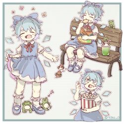  >_< 1girl bench bird blue_bow blue_dress blue_hair blue_shoes bow chigu chips_(food) cirno closed_eyes collared_shirt commentary_request detached_wings dress drinking_straw eating facing_viewer fang food food_on_face frog hair_bow highres ice ice_wings mary_janes multiple_views musical_note neck_ribbon on_bench open_mouth pinafore_dress popcorn puffy_short_sleeves puffy_sleeves red_ribbon ribbon shirt shoes short_sleeves sitting skin_fang sleeveless sleeveless_dress smile socks touhou twitter_username white_shirt white_socks wings 