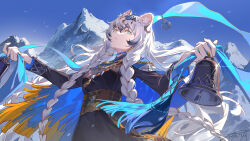  1girl absurdres animal_ear_fluff animal_ears arknights asona bell belt black_dress blue_cape blue_eyes blue_sky braid breasts cape day dress fringe_trim glint grey_hair highres holding holding_bell jewelry leopard_ears long_hair long_sleeves medium_breasts mountain necklace outdoors parted_lips pramanix_(arknights) pramanix_the_prerita_(arknights) signature sky solo tiara twin_braids upper_body very_long_hair 