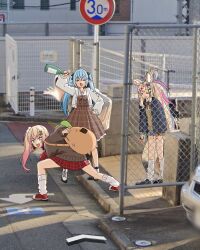  3girls animal_ear_fluff animal_ears blonde_hair blue_hair bow bowtie breasts closed_mouth collared_shirt felutiahime fox_ears fox_girl fox_tail hair_between_eyes high_school_girls_posing_for_google_street_view_(meme) highres hololive jacket long_hair long_sleeves mark_under_eye meme momosuzu_nene multicolored_bow multicolored_bowtie multicolored_hair multiple_girls omaru_polka open_mouth school_uniform shirt skirt smile streaked_hair tail virtual_youtuber white_shirt yukihana_lamy 