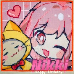  1girl absurdres ahoge animal artist_request black_bow black_ribbon blush_stickers border bow bowtie bright_pupils brown_eyes cat character_name chibi chinese_commentary cloak closed_eyes clothed_animal commentary_request ear_covers english_text grid_background hair_bow hair_ribbon happy happy_birthday heart highres hood hood_up hooded_cloak infinity_nikki long_hair low_twintails momo_(nikki) nikki_(nikki) nikki_(series) one_eye_closed open_mouth orange_border pink_background pink_hair red_bow red_bowtie ribbon second-party_source sidelocks smile traditional_bowtie tress_ribbon twintails unconventional_media upper_body white_cat white_pupils yellow_cloak 