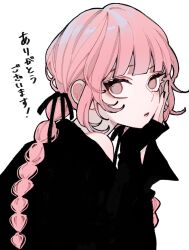  1girl black_nails black_shirt blunt_bangs braid braided_twintails commentary_request expressionless eyelashes fall_in_love_you_false_angels head_rest highres katsura_otogi pink_hair shirt sidelocks simple_background solo uzcoco_66 white_background 