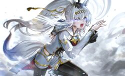  1girl absurdres advarcher ahoge animal_ears black_leggings black_leotard blue_eyes breasts brooch clothing_cutout ear_ornament eye_trail grey_hair grey_tail hair_between_eyes hair_ornament hair_ribbon hairband highres hip_vent horse_ears horse_girl horse_tail jacket jewelry leggings leotard light_trail long_hair long_sleeves multicolored_hair oguri_cap_(umamusume) open_mouth ponytail ribbon running sailor_collar shorts smile solo star_brooch tail umamusume umamusume:_cinderella_gray white_jacket white_sailor_collar white_shorts 