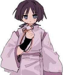  1boy arm_at_side armor blunt_ends bright_pupils closed_mouth clothing_cutout dated eyeliner eyeshadow feathers genshin_impact grey_eyes hand_up holding holding_feather japanese_armor japanese_clothes kariginu kote kurokote layered_sleeves long_sleeves looking_at_viewer makeup male_focus pom_pom_(clothes) purple_sash purple_sleeves red_eyeliner red_eyeshadow sash scaramouche_(genshin_impact) scaramouche_(kabukimono)_(genshin_impact) shoulder_cutout solo straight-on string sweat umigasa upper_body white_background white_pupils white_sleeves wispy_bangs yellow_feathers 