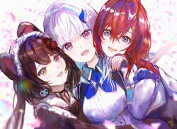  3girls :d absurdres ange_katrina ange_katrina_(1st_costume) animal_ears animal_hair_ornament blue_eyes blue_hair blue_neckerchief brown_hair brown_kimono collared_shrug colored_inner_hair commentary dah1ie dog_ears dutch_angle eyelashes fang flower group_picture hair_between_eyes hair_flower hair_ornament hand_on_another's_shoulder hand_up head_on_another's_shoulder head_rest heterochromia highres hug inui_toko inui_toko_(1st_costume) japanese_clothes kimono light_blush lize_helesta lize_helesta_(1st_costume) long_bangs long_hair looking_at_viewer maid_headdress multicolored_hair multiple_girls neckerchief nijisanji open_mouth red_eyes red_hair sanbaka_(nijisanji) shirt shrug_(clothing) skin_fang smile streaked_hair symbol-only_commentary two-tone_hair violet_eyes virtual_youtuber waist_hug white_background white_hair white_headdress white_shirt white_shrug yellow_eyes 