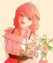  absurdres artist_request bare_shoulders belt black_belt black_bow black_ribbon bouquet bow bow_choker bowtie bra_strap brown_eyes buttons center_frills chinese_commentary choker collarbone commentary_request dot_nose eyelashes fangs flower frilled_shirt frills hair_bow hair_ribbon happy head_tilt highres holding holding_bouquet infinity_nikki long_hair long_sleeves looking_at_viewer low_twintails mini_tiara nikki_(nikki) nikki_(series) open_mouth perfect_start_(infinity_nikki) pink_bow pink_bowtie pink_choker pink_flower pink_hair pink_rose pink_skirt puffy_long_sleeves puffy_sleeves ribbon rose second-party_source shirt sidelocks simple_background single_stripe skirt smile snowflakes striped_bow striped_bowtie striped_choker striped_clothes swept_bangs teeth tiara tress_ribbon twintails upper_teeth_only very_long_hair wavy_hair white_shirt yellow_background 