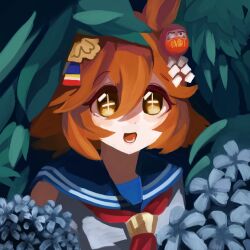  +_+ 1girl animal_ears blush clover_hair_ornament daruma_doll daruma_doll_hair_ornament ear_covers flower four-leaf_clover_hair_ornament hair_between_eyes hair_ornament highres horse_ears horse_girl leaf looking_at_viewer matikanefukukitaru_(rising_fortune)_(umamusume) matikanefukukitaru_(umamusume) neckerchief okayu_oziya open_mouth orange_hair red_neckerchief sailor_collar school_uniform serafuku shirt short_hair single_ear_cover smile solo star-shaped_pupils star_(symbol) symbol-shaped_pupils umamusume upper_body white_shirt 