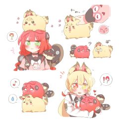  !? 2girls ? alice_thymefield animal animal_ear_fluff animal_ears animal_on_back animal_on_head animalization black_sailor_collar blonde_hair blush braid braided_twintails bright_pupils cardigan chest_bow closed_mouth commentary_request cropped_torso floral_print green_eyes hair_ornament hearing_aid heart heterochromia holding holding_animal kamanosuke_(zenless_zone_zero) long_hair looking_at_animal motion_lines multiple_girls musical_note notice_lines on_animal on_head open_mouth petting pink_cardigan rabbit rabbit_ears rabbit_girl rabbit_on_head raccoon rebecca_(keinelove) red_eyes red_hair sailor_collar simple_background sphere_hair_ornament spoken_expression spoken_musical_note spoken_question_mark spoken_sweatdrop sweatdrop tanuki ukinami_yuzuha upper_body white_background white_pupils yellow_eyes zenless_zone_zero 