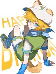 1boy :p alternate_costume animal_ears aotu_world baseball_cap blonde_hair blue_eyes blue_gloves blue_neckerchief blue_shoes blue_socks chinese_commentary dog_boy dog_ears dog_tail english_text fingerless_gloves from_behind full_body gloves green_vest hair_between_eyes happy_birthday hat highres kemonomimi_mode king_(aotu_world) konidog looking_at_viewer looking_back loose_socks male_focus neckerchief pointy_ears shirt shoes short_hair short_sleeves shorts simple_background sitting smile sneakers socks solo tail tongue tongue_out vest white_background white_shirt white_shorts 