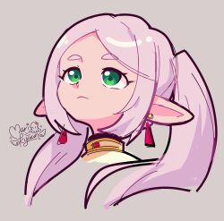  1girl artist_logo commentary elf english_commentary expressionless frieren green_eyes highres logo long_hair looking_up marikyuunn pointy_ears solo sousou_no_frieren twintails upper_body white_hair 