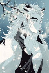  1boy arm_up branch cape closed_mouth commentary_request demon_slayer_uniform flower forked_eyebrows kimetsu_no_yaiba layered_sleeves long_sleeves male_focus monochrome outdoors profile rengoku_kyoujurou sayu090200 snowing solo twitter_username 