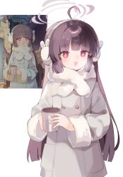  1girl :3 absurdres ahoge black_hair blue_archive blunt_bangs bright_pupils buttons coat cup double-breasted earmuffs fur-trimmed_sleeves fur_trim grey_coat grey_halo halo highres holding holding_cup long_hair long_sleeves looking_at_viewer miyu_(blue_archive) open_mouth rabbit_earmuffs red_eyes reference_inset runbell scarf simple_background smile upper_body white_background white_pupils white_scarf 