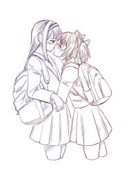  2girls akemi_homura backpack bag blazer blush closed_eyes closed_mouth commentary hairband hashtag-only_commentary highres imminent_kiss jacket kaname_madoka madohomuhomura mahou_shoujo_madoka_magica mahou_shoujo_madoka_magica_(anime) monochrome multiple_girls pleated_skirt short_twintails skirt smile twintails yuri 