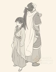  1boy 1girl armor back-to-back beads blunt_bangs cape chara_no7 chinese_clothes closed_mouth flats freckles greyscale hair_beads hair_ornament hair_ribbon highres jinshi_(kusuriya_no_hitorigoto) kusuriya_no_hitorigoto long_hair maomao_(kusuriya_no_hitorigoto) monochrome parted_bangs ponytail ribbon robe scar scar_on_cheek scar_on_face shoulder_armor sidelocks twitter_username white_cape 