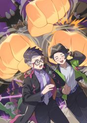  2boys :d amakara000 barbaracle belt black-framed_eyewear black_coat black_hair black_pants blue_belt closed_eyes coat collared_shirt commentary_request corbeau_(pokemon) gardevoir glasses green_jacket hat highres holding_hands jacket male_focus mega_barbaracle multiple_boys necktie open_clothes open_coat open_jacket open_mouth pants paxton_(pokemon) pokemon pokemon_(creature) pokemon_legends:_z-a purple_shirt round_eyewear scolipede shirt short_hair smile teeth 