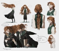  1girl 1other black_ribbon black_robe black_shoes black_skirt black_thighhighs blue_eyes book braid brushing_hair collared_shirt english_text green_necktie green_vest gynger_edventray_(hiiragimare) hair_brush hair_ribbon hiiragimare hogwarts_legacy hogwarts_school_uniform holding holding_book holding_hair_brush hooded_robe long_hair long_skirt looking_at_another low_ponytail multiple_views necktie original ponytail red_hair ribbon robe school_uniform shirt shoes simple_background skirt slytherin speech_bubble thigh-highs vest wavy_hair white_background white_shirt wind wizarding_world 