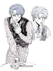  1boy adjusting_collar black_vest blue_eyes blue_hair closed_mouth daan_(fear_&amp;_hunger) eyepatch fear_&amp;_hunger_(series) fear_&amp;_hunger_2:_termina hashtag-only_commentary highres knife looking_at_viewer male_focus medical_eyepatch multiple_views sanhomaydraw shirt short_hair simple_background spot_color sweat vest white_background white_shirt 