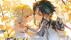  1boy 1girl absurdres arm_tattoo bead_necklace beads black_hair blonde_hair detached_sleeves dress eyeliner facial_mark flower forehead_mark genshin_impact green_hair hair_flower hair_ornament hand_on_another's_shoulder hand_on_own_face hashtag-only_commentary hetero highres imminent_kiss jewelry limaomao looking_at_another lumine_(genshin_impact) makeup multicolored_hair necklace open_mouth red_eyeliner shirt short_hair_with_long_locks shoulder_spikes spikes tattoo upper_body white_dress white_shirt xiao_(genshin_impact) yellow_eyes 