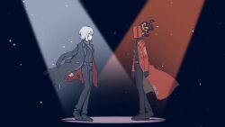  1girl 1other belt black_belt black_coat black_gloves black_pants black_shoes black_vest blue_eyes clock coat coat_on_shoulders dante_(limbus_company) faust_(project_moon) flaming_head fly_me_to_the_star_(revue_starlight) gloves highres ivy_(675671) limbus_company necktie object_head pants project_moon red_coat red_necktie shoes short_hair shoujo_kageki_revue_starlight vest white_hair 