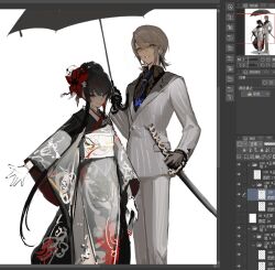  2girls alternate_costume art_program_in_frame black_gloves black_hair black_kimono blazer blue_necktie chao_jiu_wan_shiyi_dian_ban chinese_commentary commentary_request flower gloves grey_jacket grey_pants grey_suit hair_flower hair_ornament hasumi_leia holding holding_sword holding_umbrella holding_weapon jacket japanese_clothes katana kimono long_hair long_sleeves looking_at_viewer mahou_shoujo_no_majo_saiban multiple_girls necktie nikaido_hiro obi pants red_eyes red_flower sash short_hair smile standing suit sword umbrella unfinished updo weapon white_background wide_sleeves 