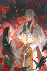 1boy 1girl absurdres as_10 bible_(object) bird black_bird black_dress black_veil book cape chromatic_aberration closed_mouth cross crossed_fingers crow dragon dress eyelashes fingerless_gloves fingernails flower gloves guimpe hetero highres holding holding_book lips long_hair long_sleeves looking_at_another love_and_deepspace nun open_hand parted_bangs petals priest protagonist_(love_and_deepspace) red_eyes red_flower red_petals red_sash sash shadow smile standing sylus_(love_and_deepspace) thorns traditional_nun veil white_cape white_hair 