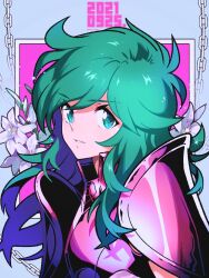  1boy androgynous andromeda_shun armor blue_eyes chain dated flower green_eyes green_hair long_hair looking_at_viewer male_focus pauldrons saint_seiya sasaki_tomomi shoulder_armor smile solo trap 