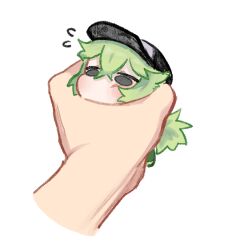  1boy 1other baseball_cap commentary crossed_bangs double-parted_bangs english_commentary flying_sweatdrops green_hair grey_eyes hat male_focus mini_person miniboy n_(pokemon) n_h0lic pokemon pokemon_bw ponytail pov pov_hands simple_background solo_focus white_background 