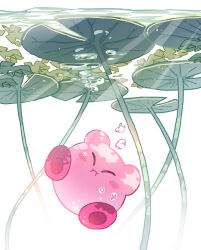  :i air_bubble blush_stickers bubble closed_eyes closed_mouth highres hoshikuzu_pan kirby kirby_(series) no_humans partially_underwater_shot plant simple_background solo white_background 