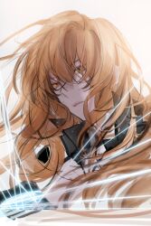  1girl black_shirt brown_hair collared_shirt hair_between_eyes hayu_beck highres looking_at_viewer omniscient_reader's_viewpoint orange_eyes parted_lips puppet_strings serious shirt short_hair solo upper_body yoo_sangah 